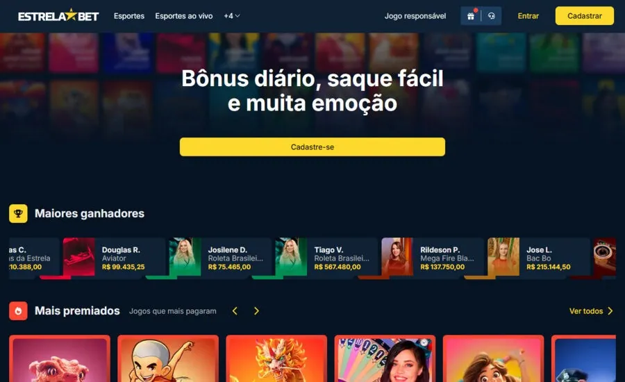 Página inicial do cassino Estrela Bet com destaques e maiores ganhadores